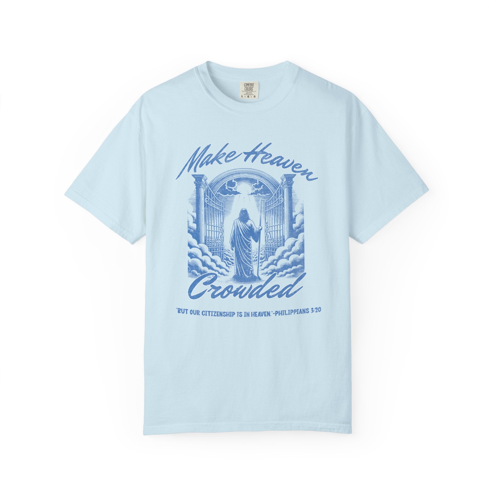 Light blue t-shirt with a graphic design and text on a white background
