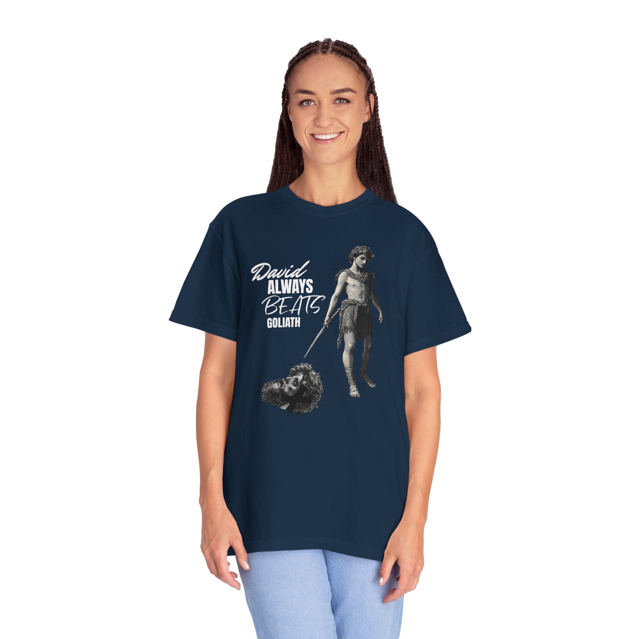 Person wearing a navy blue t-shirt with a graphic design and text on a white background