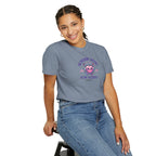 Person wearing a gray t-shirt with a graphic design on a white background