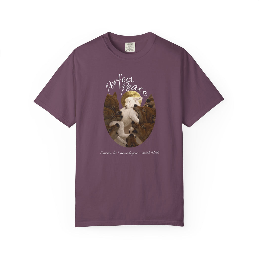 Gray t-shirt with a graphic of cats and text on a white background