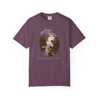 Gray t-shirt with a graphic of cats and text on a white background