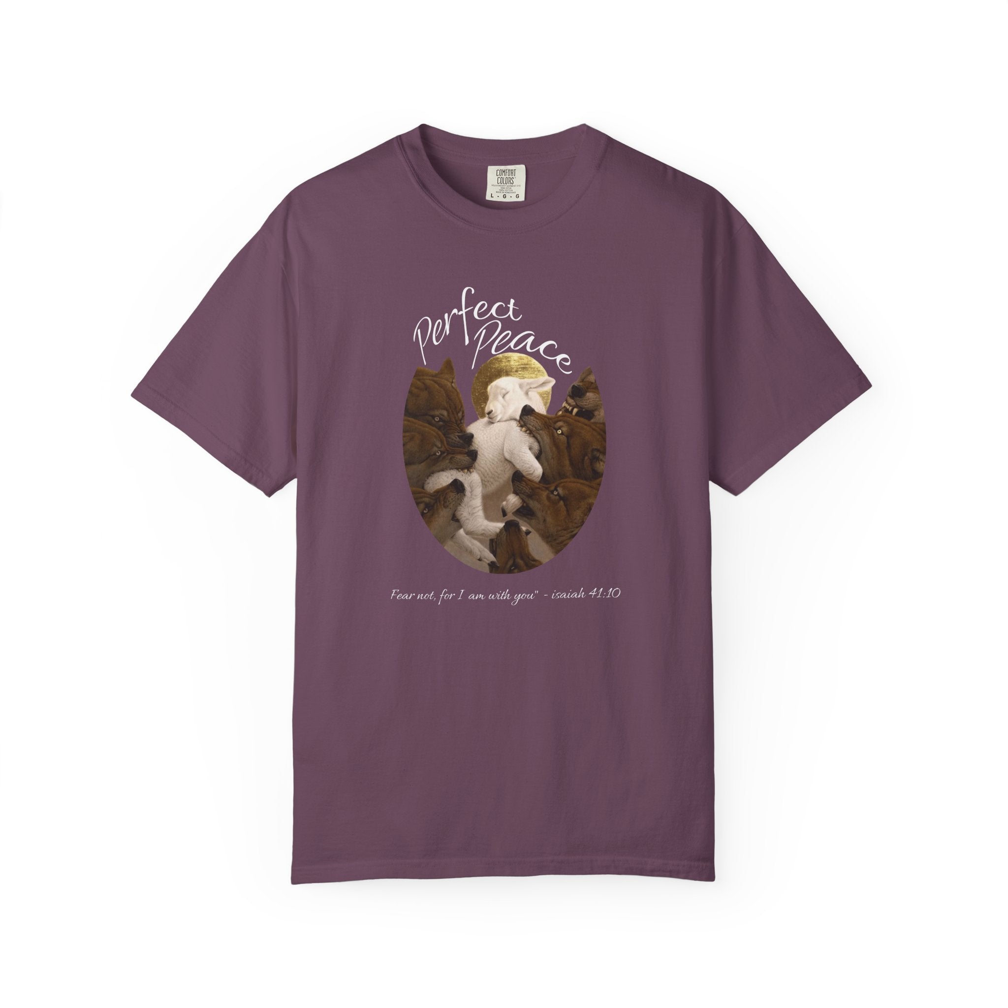 Gray t-shirt with a graphic of cats and text on a white background