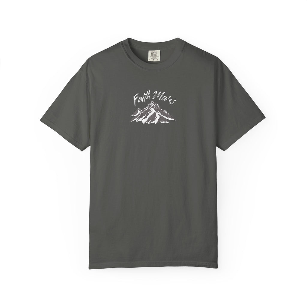 Gray t-shirt with a small logo on a white background