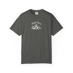 Gray t-shirt with a small logo on a white background