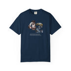 Navy blue t-shirt with a colorful cat and floral design on a white background