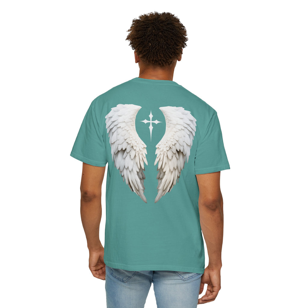 Person wearing a teal t-shirt with angel wings design on the back