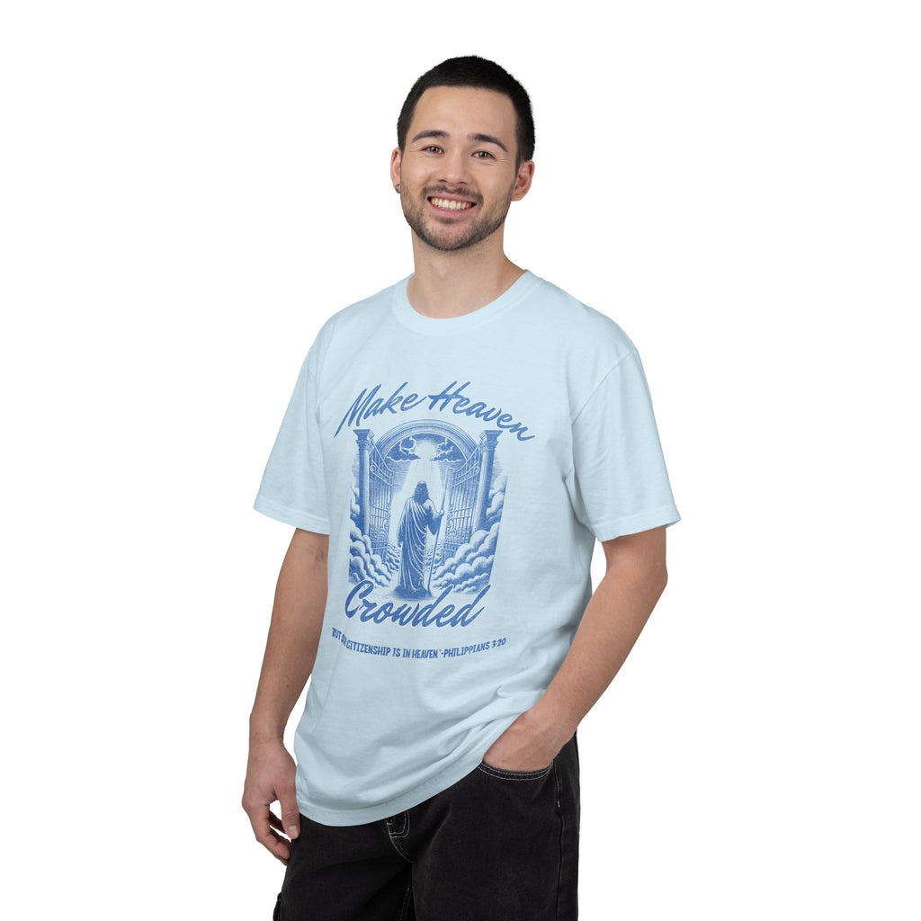 Man wearing a white t-shirt with a coffee-themed design and text.