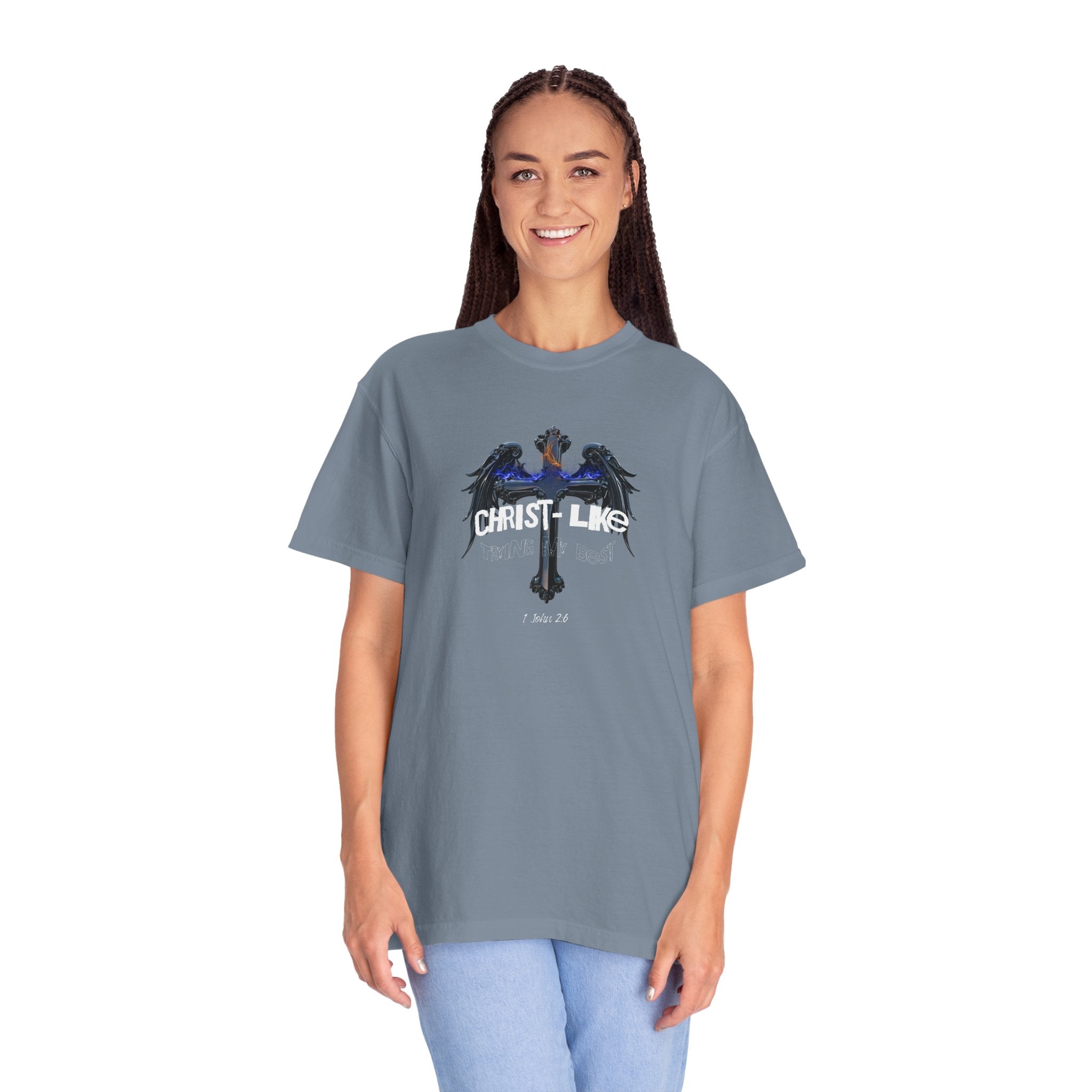 Woman wearing a gray t-shirt with 'cool moms love Jesus' text on a white background