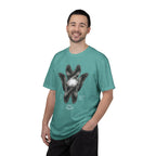Man wearing a teal t-shirt with a 'Bad Knee Club' graphic design on a white background