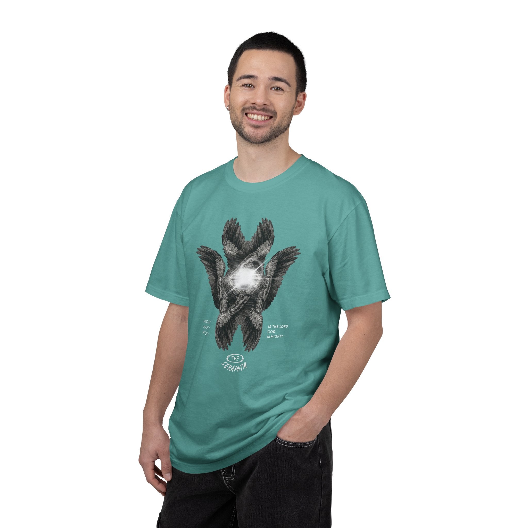 Man wearing a teal t-shirt with a 'Bad Knee Club' graphic design on a white background