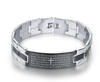 Silver bracelet with engraved text on a white background