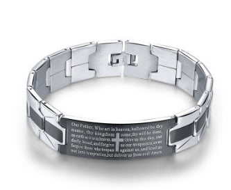 Silver bracelet with engraved text on a white background