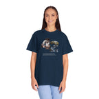 Person wearing a navy blue t-shirt with text on a white background