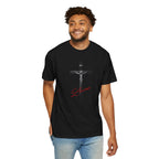 Man wearing a black t-shirt with 'CLOUDS' printed on it against a white background