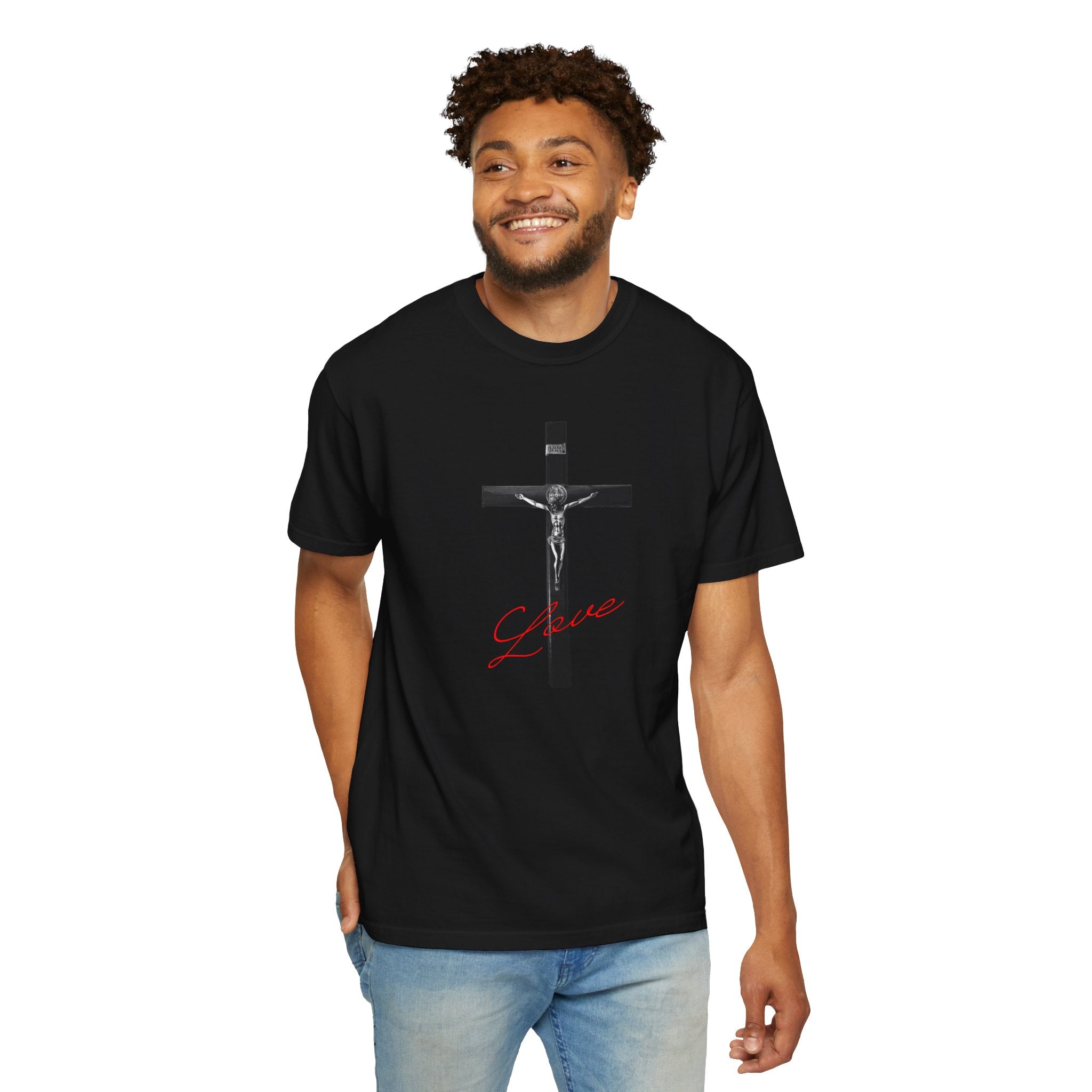 Man wearing a black t-shirt with 'CLOUDS' printed on it against a white background
