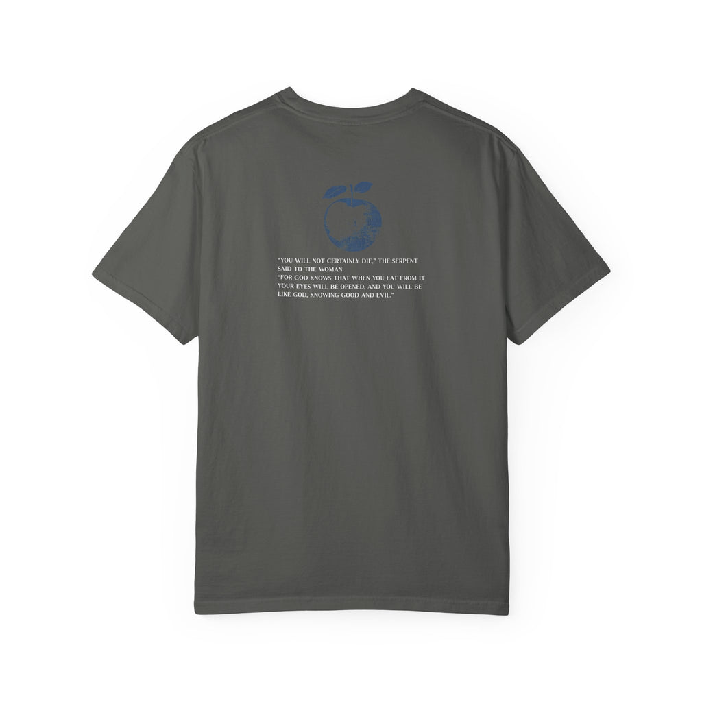 Green t-shirt with a fish graphic and text on the back against a white background