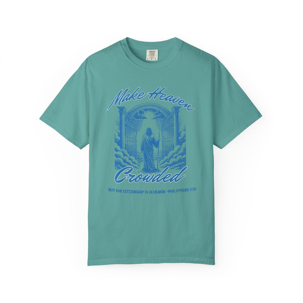 Teal t-shirt with blue graphic and text on a white background