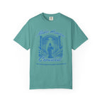 Teal t-shirt with blue graphic and text on a white background