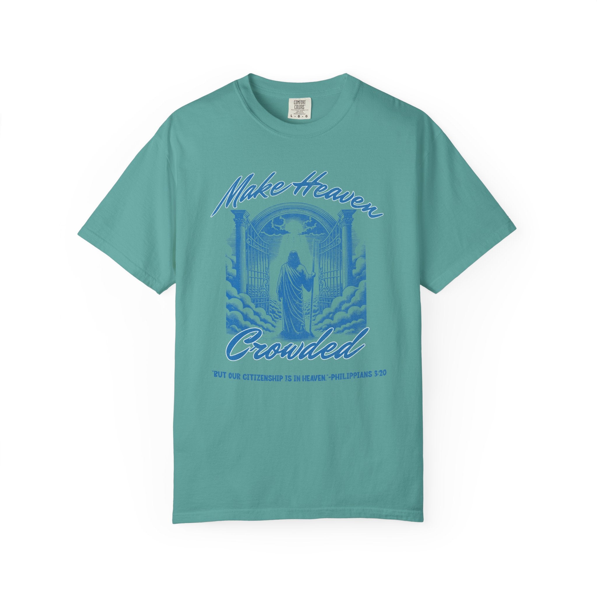 Teal t-shirt with blue graphic and text on a white background