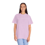 Woman wearing a light purple t-shirt with a logo on a white background