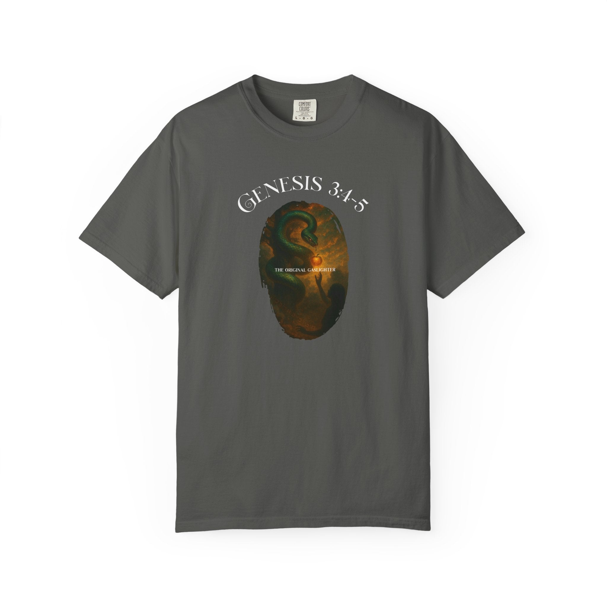 Gray t-shirt with a graphic design and 'Genesis 3:15' text on a white background
