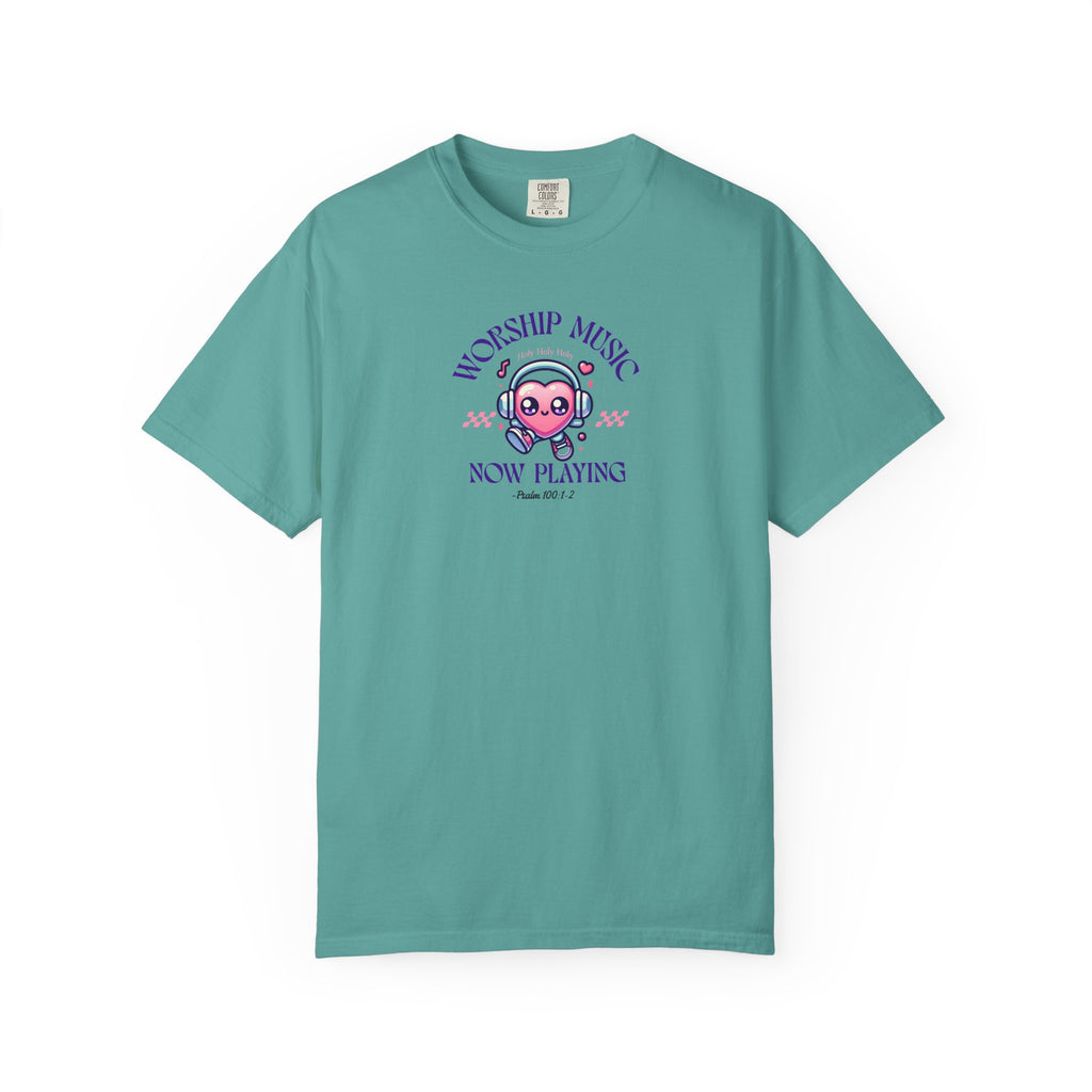 Teal t-shirt with a graphic design on a white background