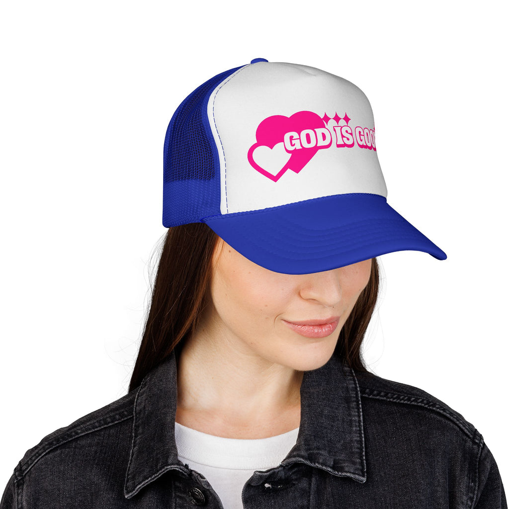 God Is Good Pink Heart Trucker Cap