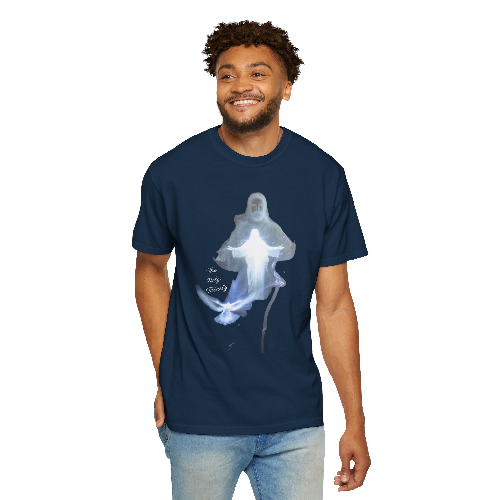 Man wearing a navy blue t-shirt with a ghost design on a white background