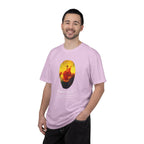 Man wearing a pink t-shirt with a graphic design on a white background