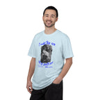 Man wearing a light blue t-shirt with a graphic and text on a white background