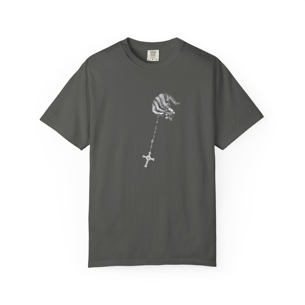 Gray t-shirt with a logo on the chest against a white background