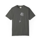Gray t-shirt with a logo on the chest against a white background
