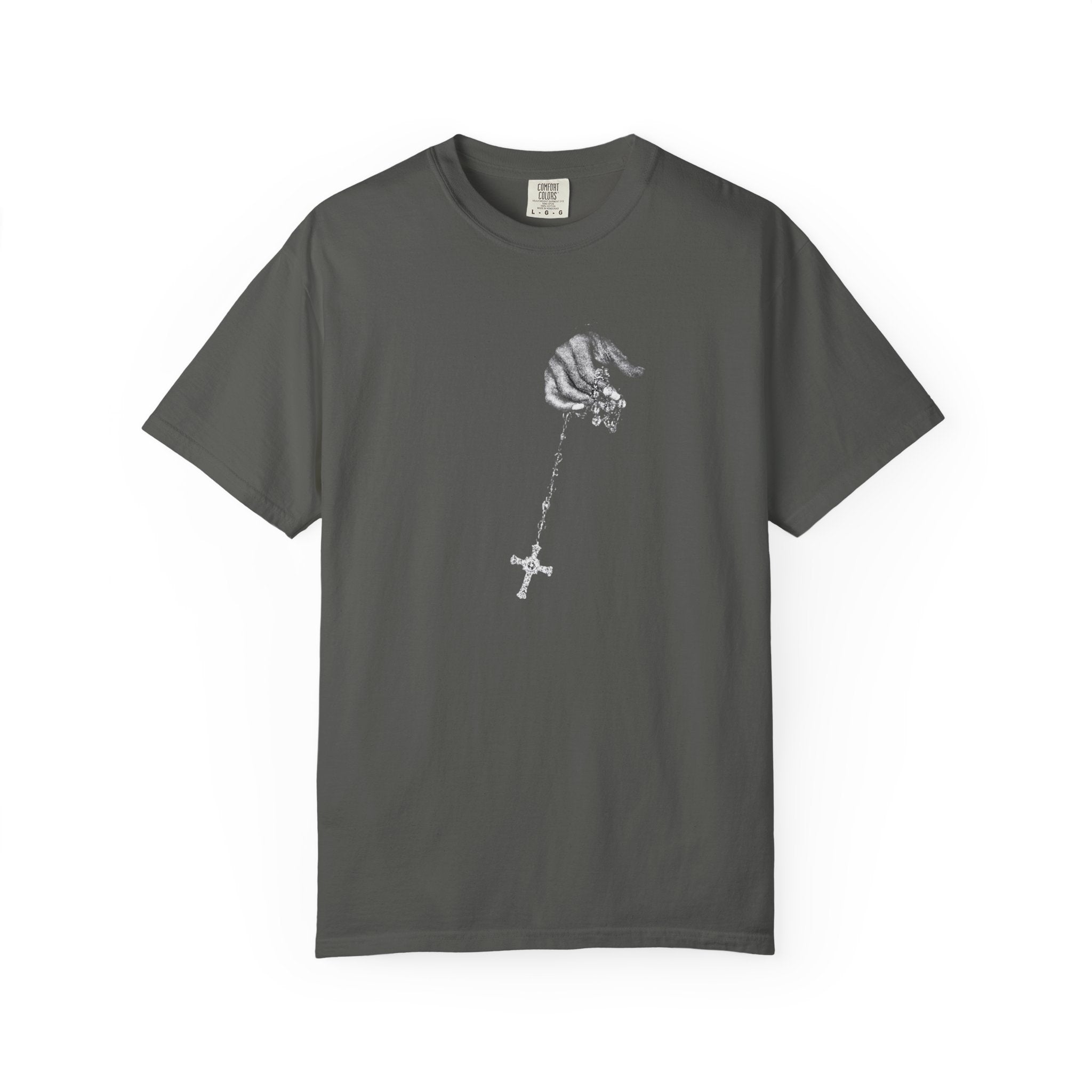 Gray t-shirt with a logo on the chest against a white background