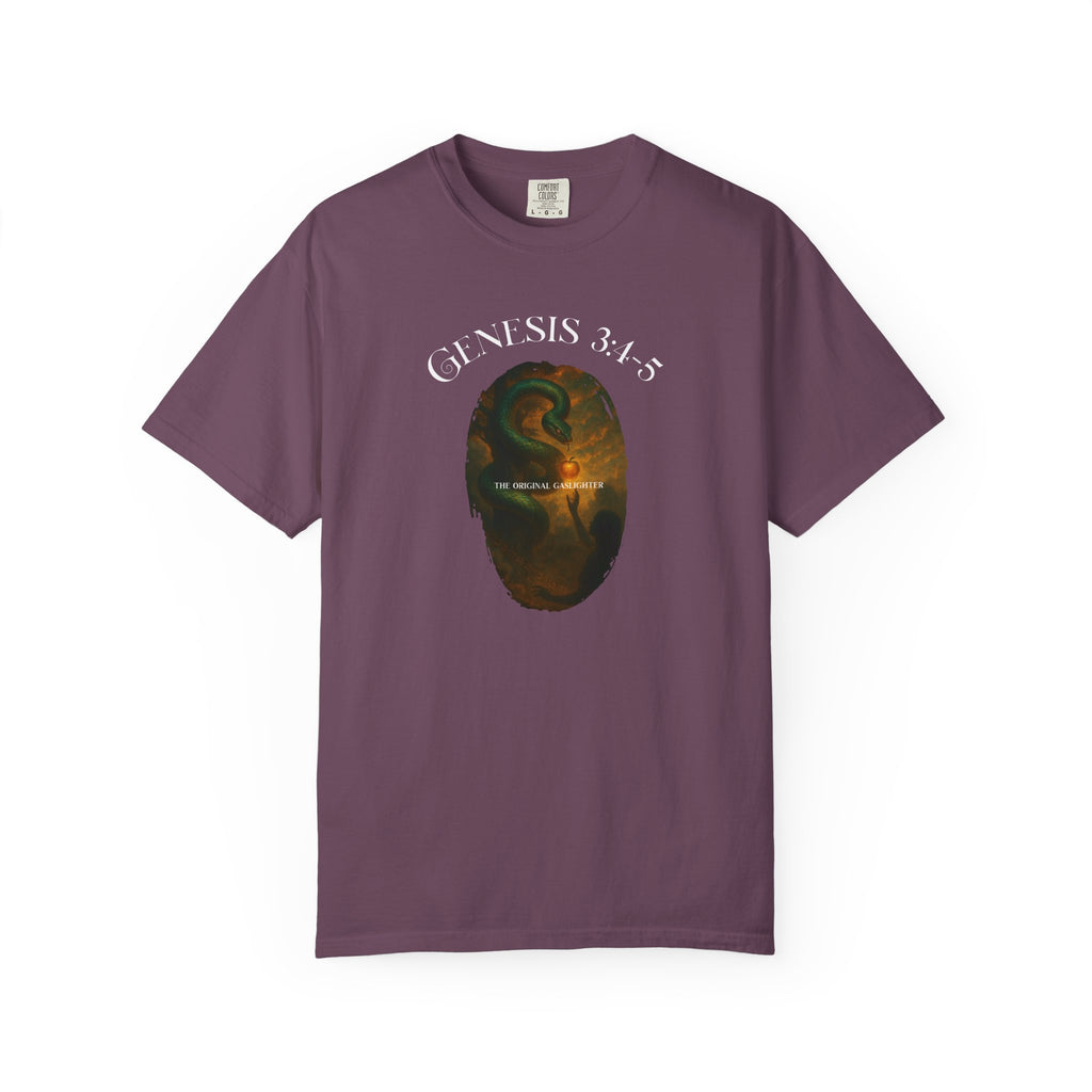 Purple t-shirt with a graphic design and 'Genesis 3:15' text on a white background