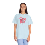Person wearing a light blue t-shirt with 'Faith Over Fear' design on a white background