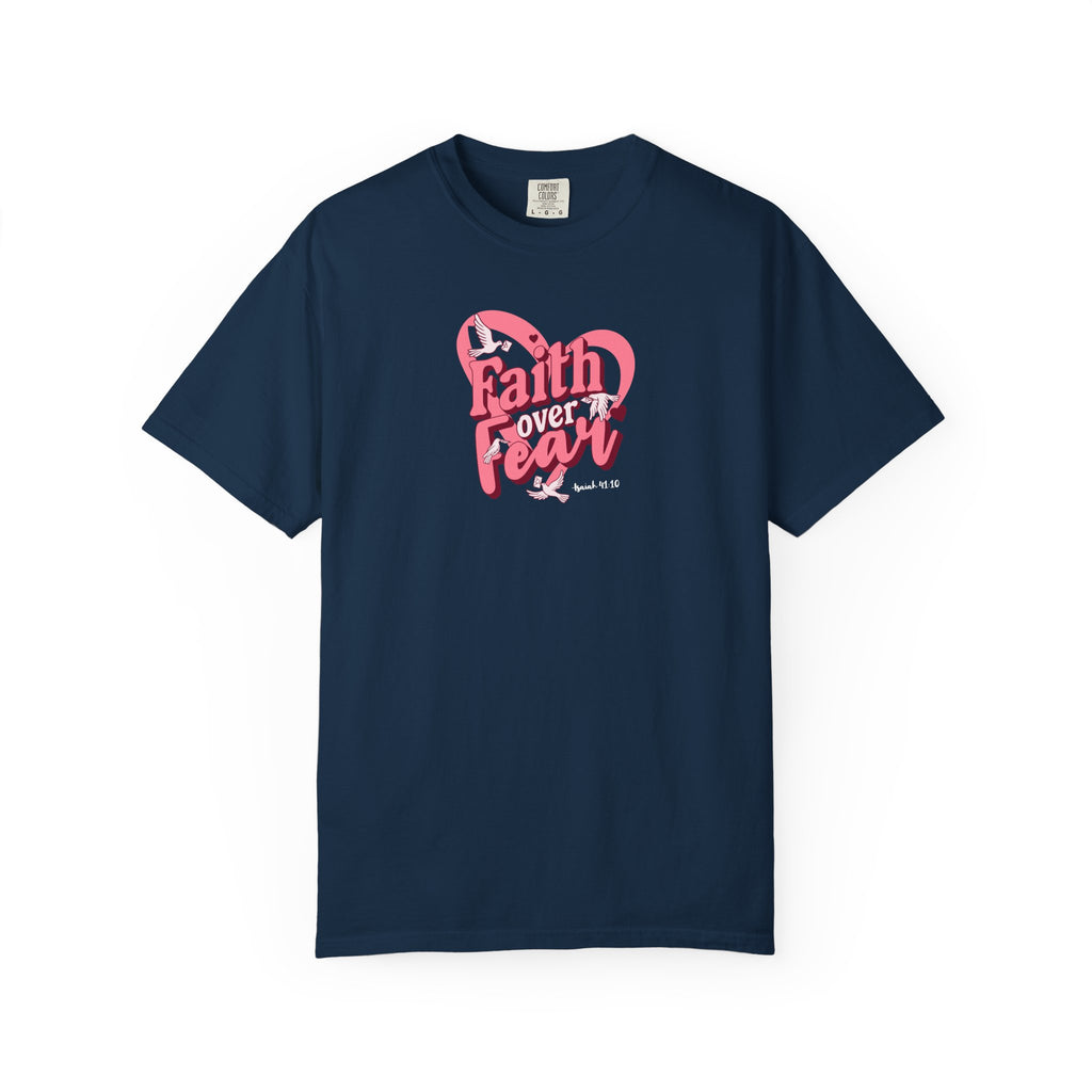 Navy blue t-shirt with pink and white graphic design on a white background