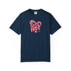 Navy blue t-shirt with pink and white graphic design on a white background