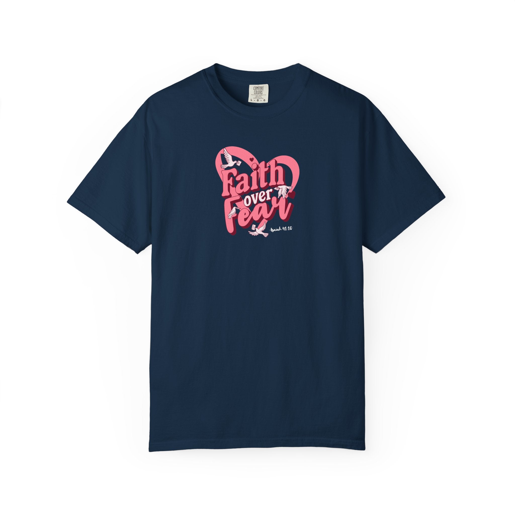 Navy blue t-shirt with pink and white graphic design on a white background