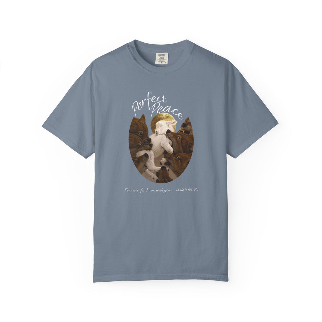 Blue t-shirt with a graphic of a dog and puppies and text 'Perfect Peace' on a white background
