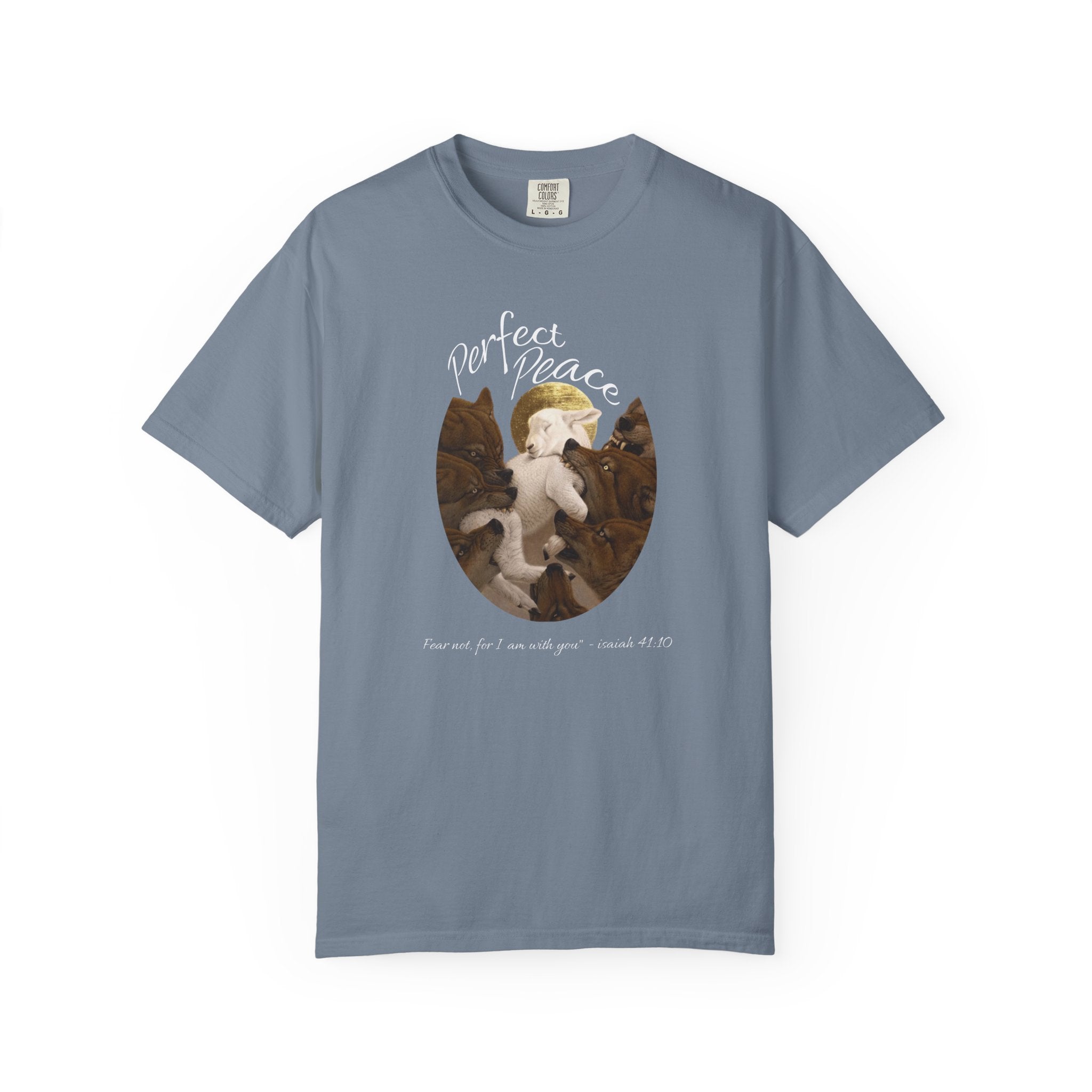 Blue t-shirt with a graphic of a dog and puppies and text 'Perfect Peace' on a white background