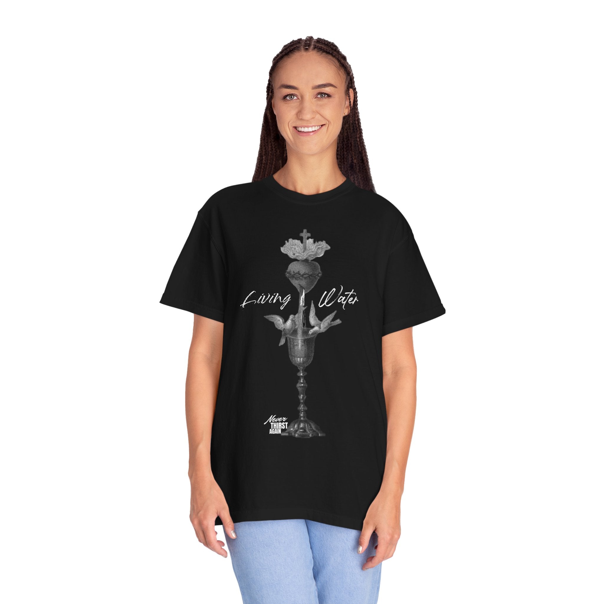 Person wearing a black t-shirt with a graphic design on a white background