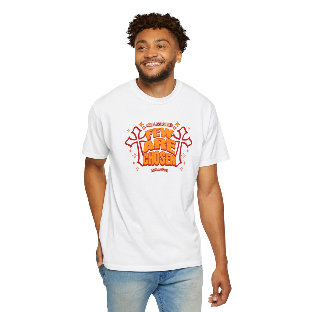 Man wearing a white t-shirt with red and orange graphics on a white background