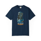 Navy blue t-shirt with a graphic of a religious figure and text on a white background
