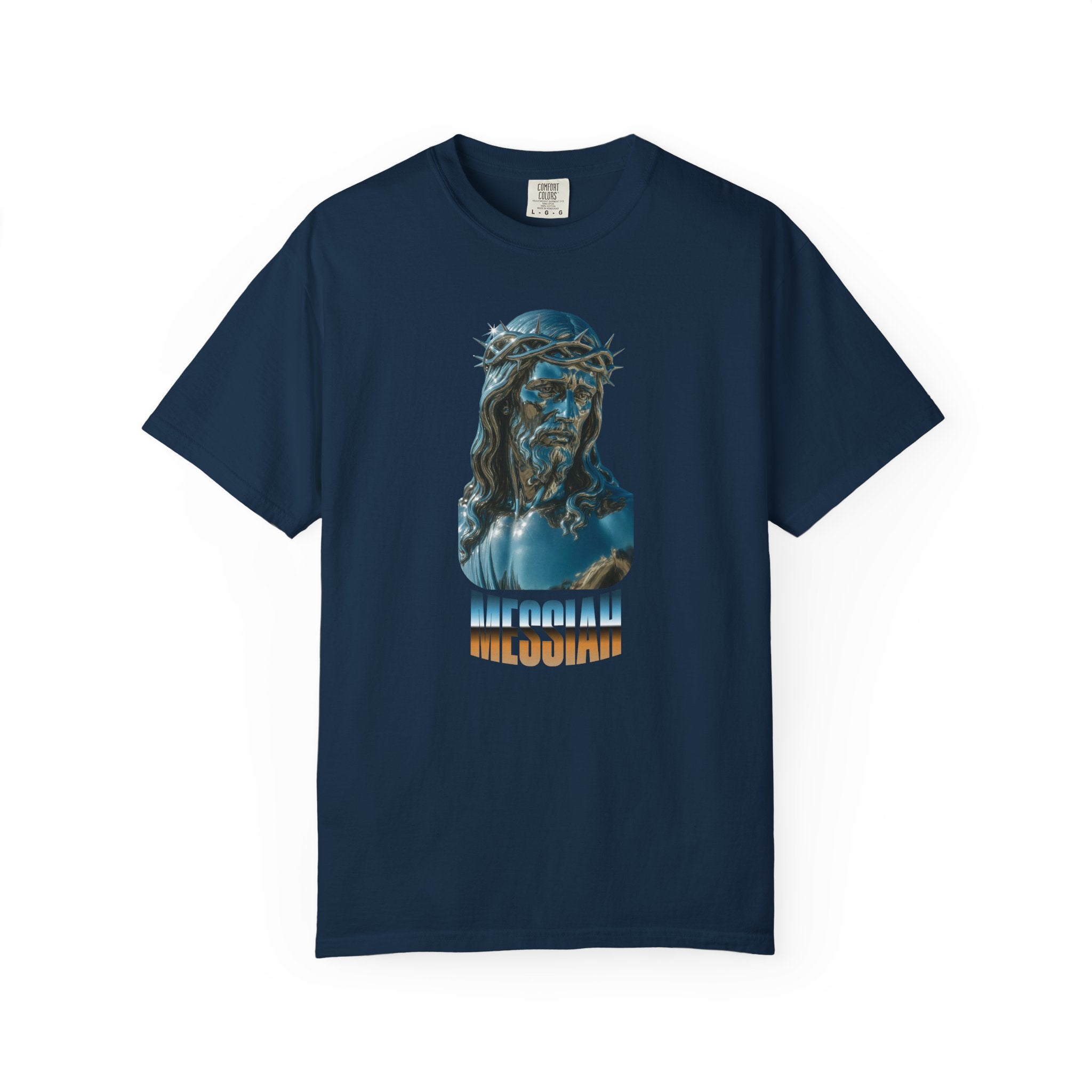 Navy blue t-shirt with a graphic of a religious figure and text on a white background