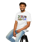 Man wearing a white t-shirt with 'JESUS SAVES' text, sitting on a stool against a white background