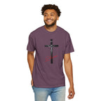 Man wearing a purple t-shirt with text on a white background