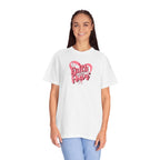 Person wearing a white t-shirt with 'Faith Over Fear' text and pink heart design on a white background
