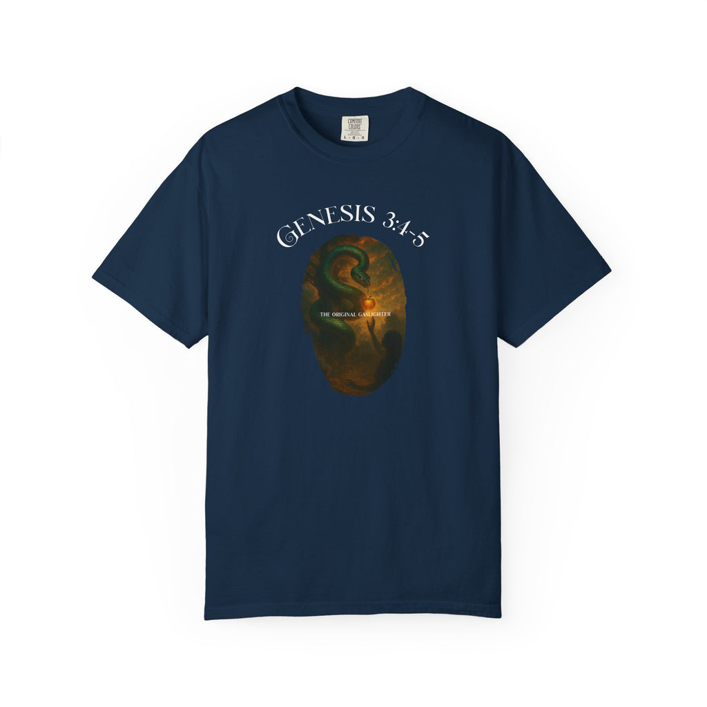 Navy blue t-shirt with a graphic design and 'Genesis 3:15' text on a white background