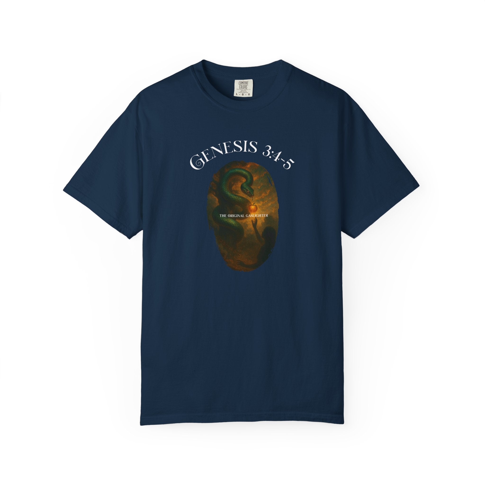 Navy blue t-shirt with a graphic design and 'Genesis 3:15' text on a white background