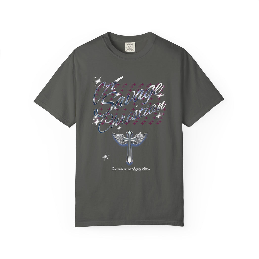 Gray t-shirt with graphic design and text on a white background